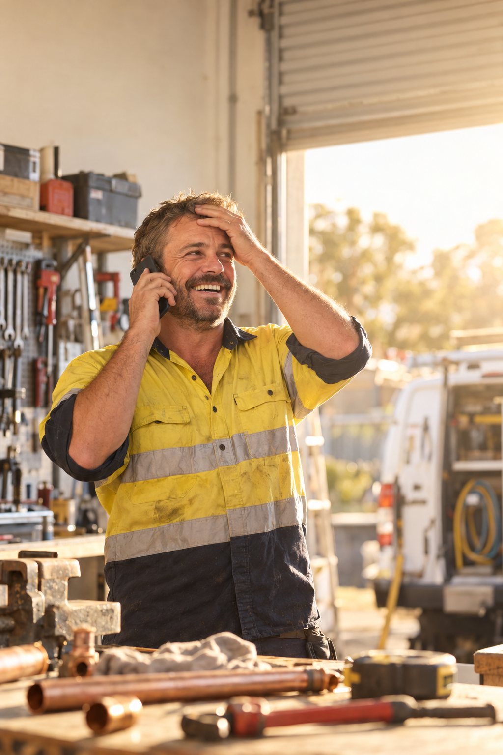 A tradie taking a call in his workshop