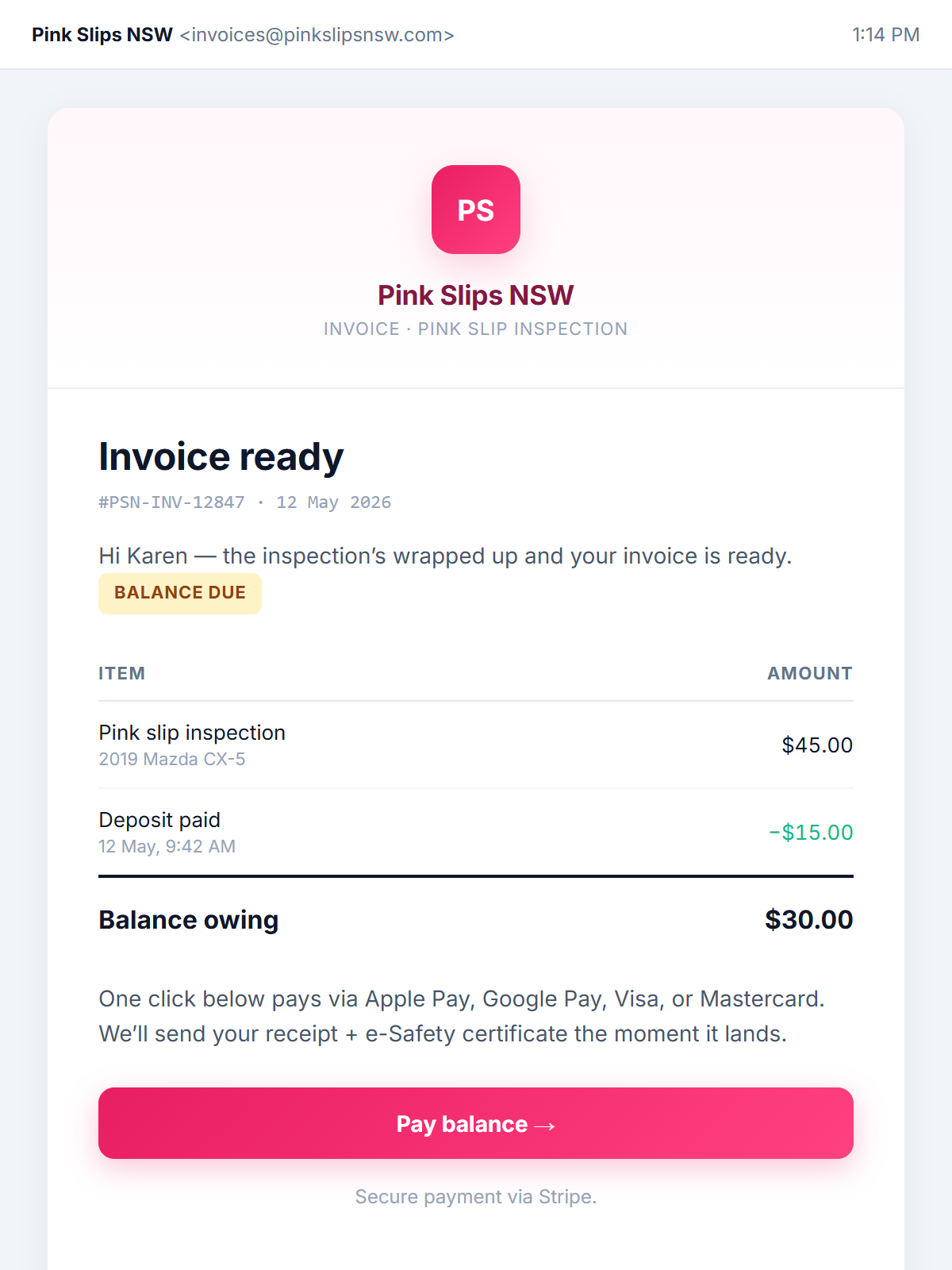 Pink Slips NSW automated invoice email