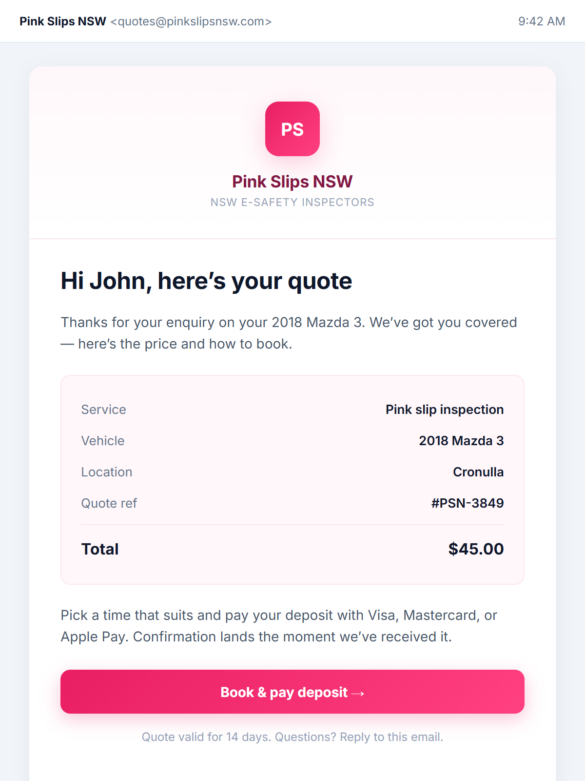 Pink Slips NSW automated quote email