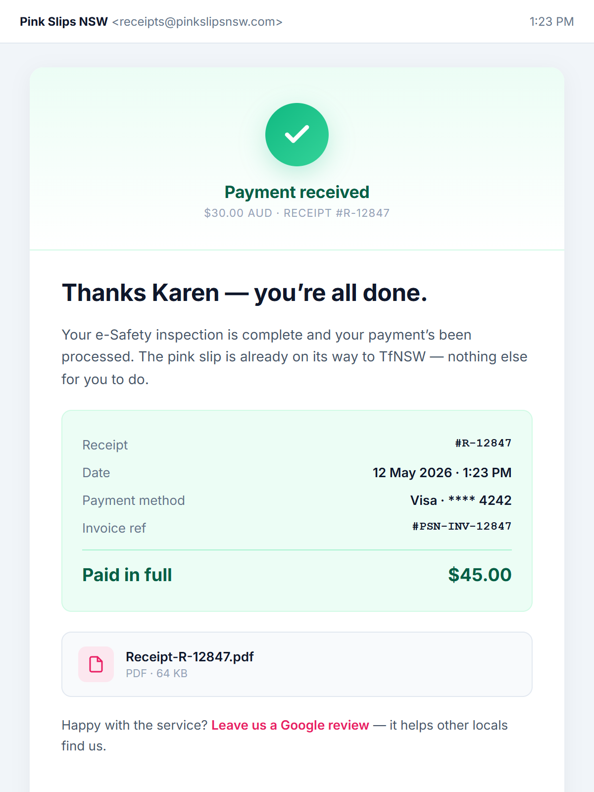 Pink Slips NSW automated receipt email