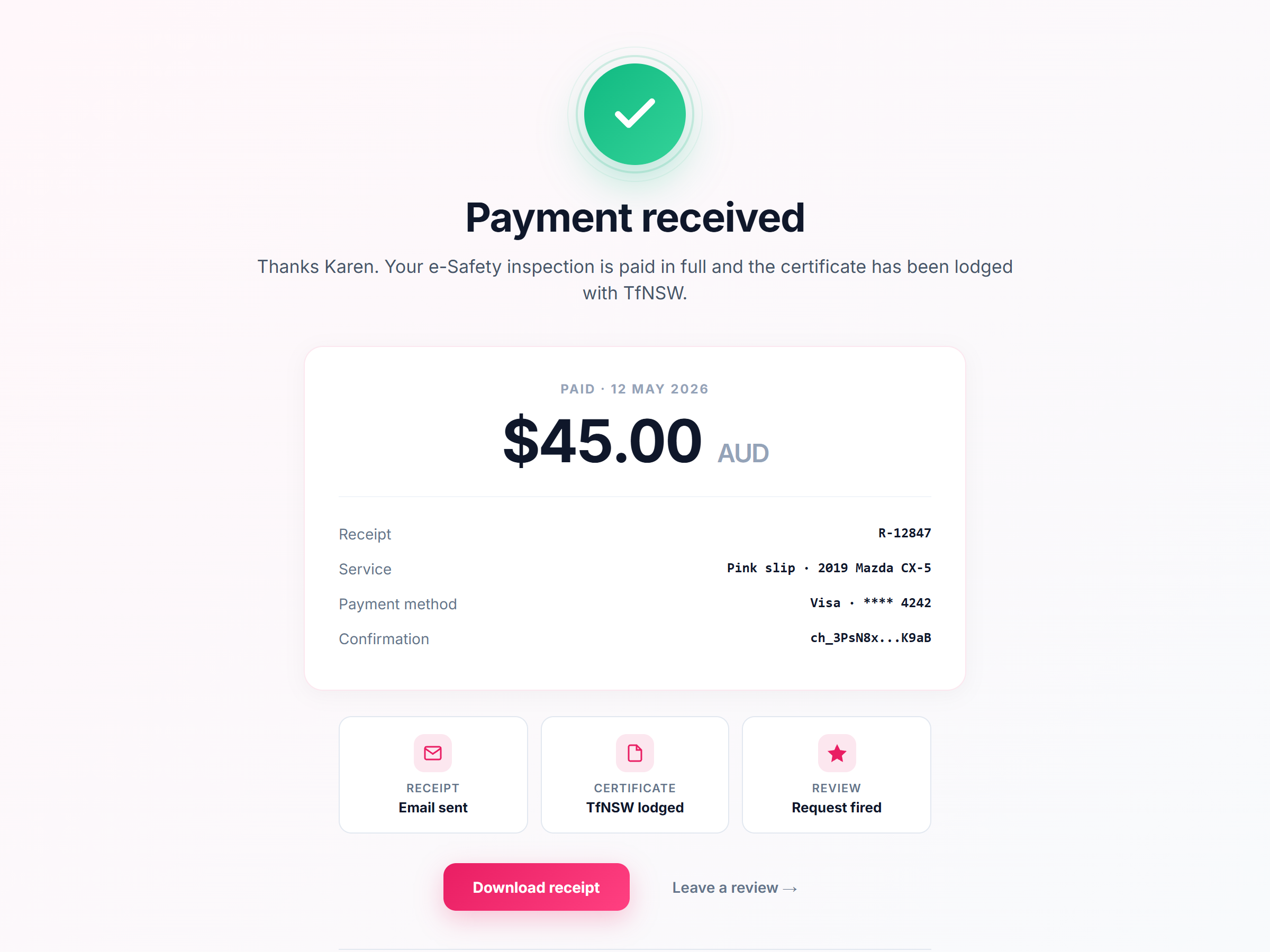 Pink Slips NSW Stripe-backed payment success page