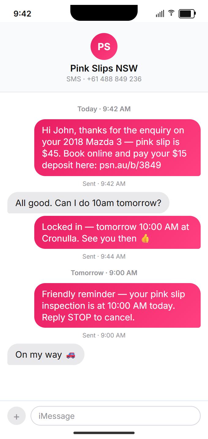 Pink Slips NSW two-way SMS conversation thread