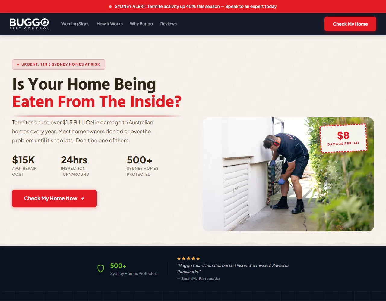 The Buggo Pest Control termite inspection landing page built by the studio
