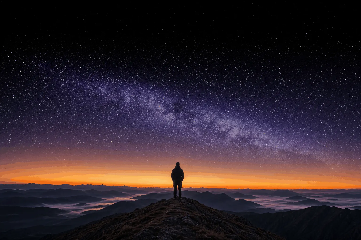 Solo figure on a mountain ridge at dawn, starry sky filling the upper portion