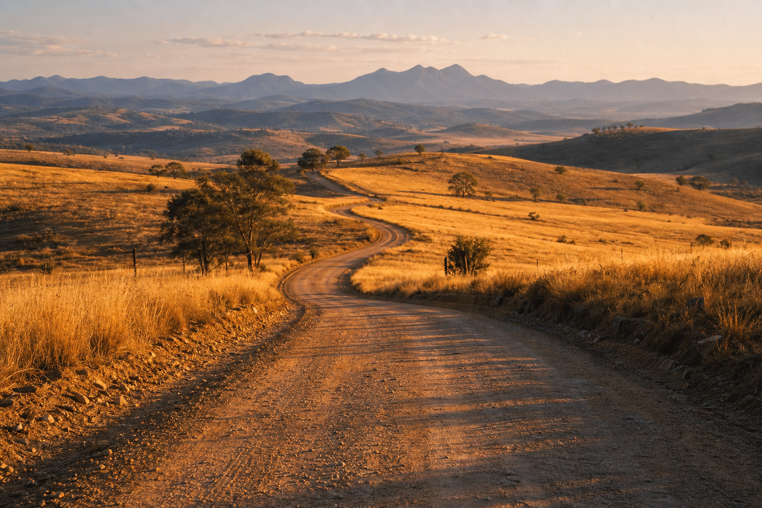 An empty dirt road curving forward toward distant blue mountains at golden hour