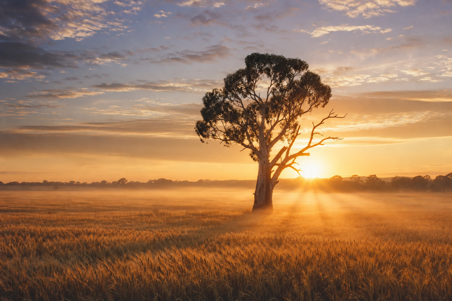 A lone eucalyptus tree standing tall in a wide wheat field at sunrise