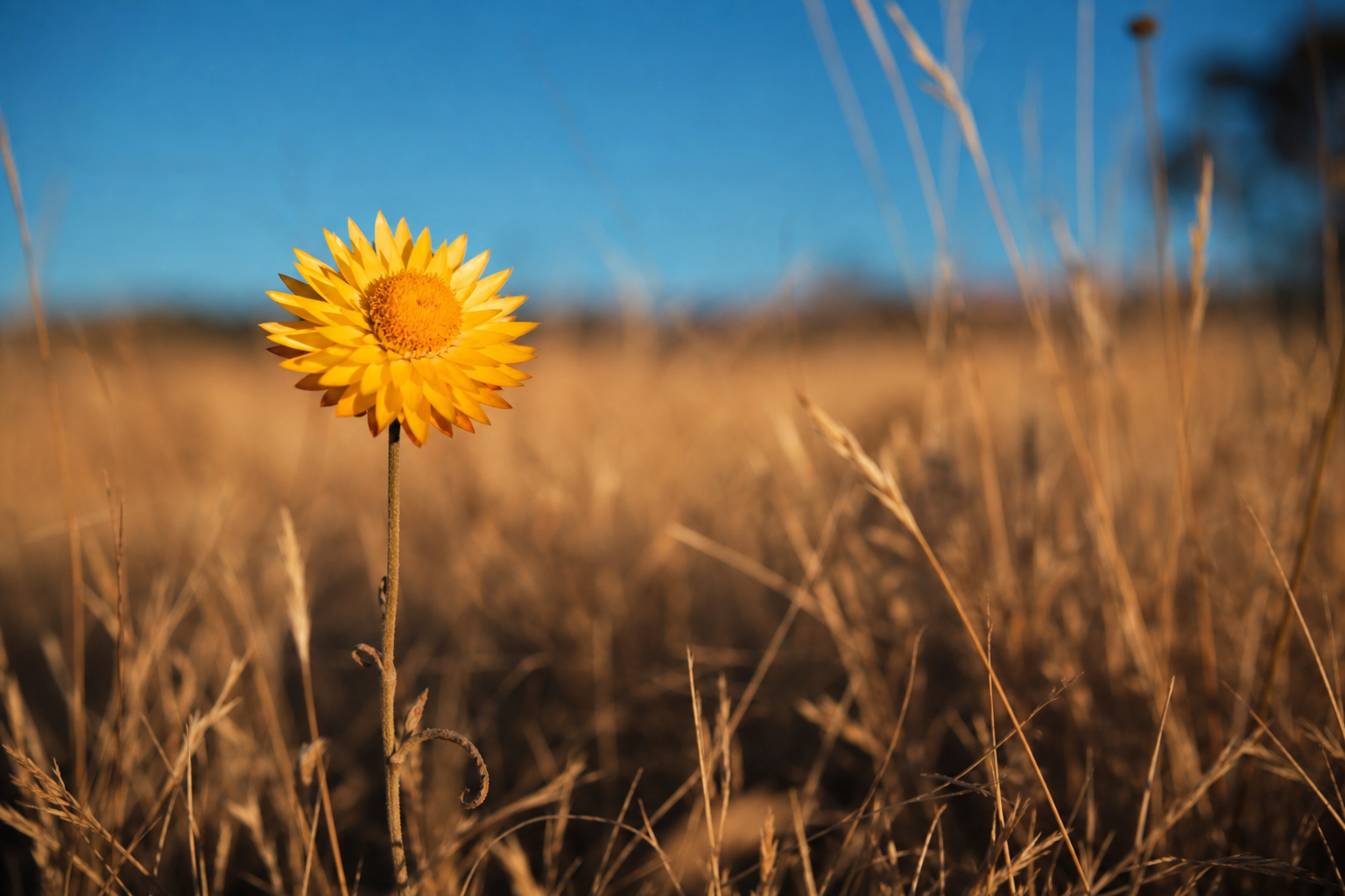 A bright wildflower blooming in a sun-bleached drying field