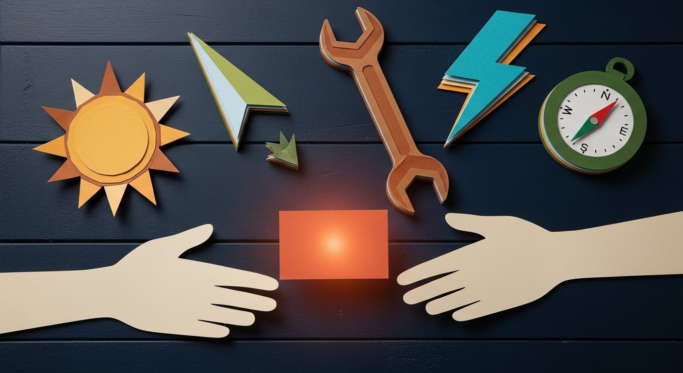Cut-paper collage: a dark workbench holding paper AI-tool shapes — a sunburst, a cursor arrow, a wrench, a lightning bolt and a compass — as two paper hands pass a single glowing card between them