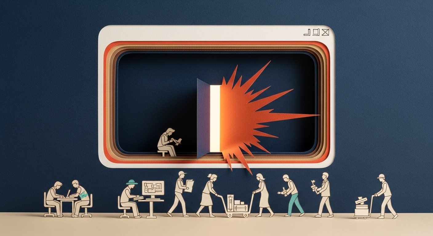 Cut-paper collage: a paper computer window with an orange sunburst bursting out onto a desk, and a line of small paper worker figures below, each doing a task at once