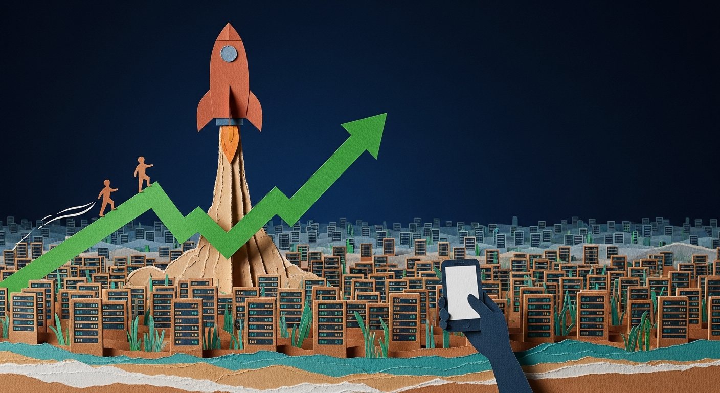 Cut-paper collage: a paper rocket rising over a vast field of paper server towers, a green growth arrow climbing past it, and a hand holding a phone steering a tiny figure