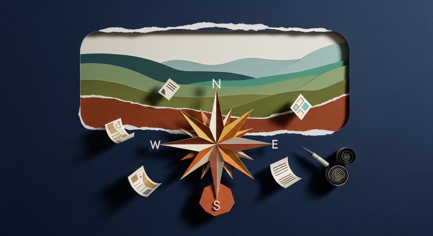 Cut-paper collage: a torn-paper window onto rolling paper hills, a terracotta paper compass rose at the centre, with paper documents and a small microphone drifting in