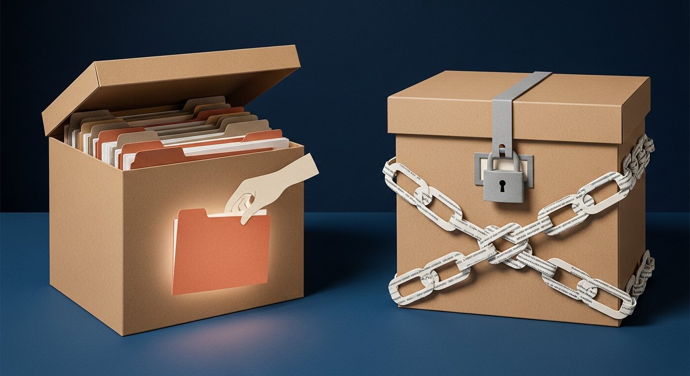 Cut-paper collage: two filing boxes side by side — one open with folders a hand lifts out freely, the other sealed shut with a padlock and chains