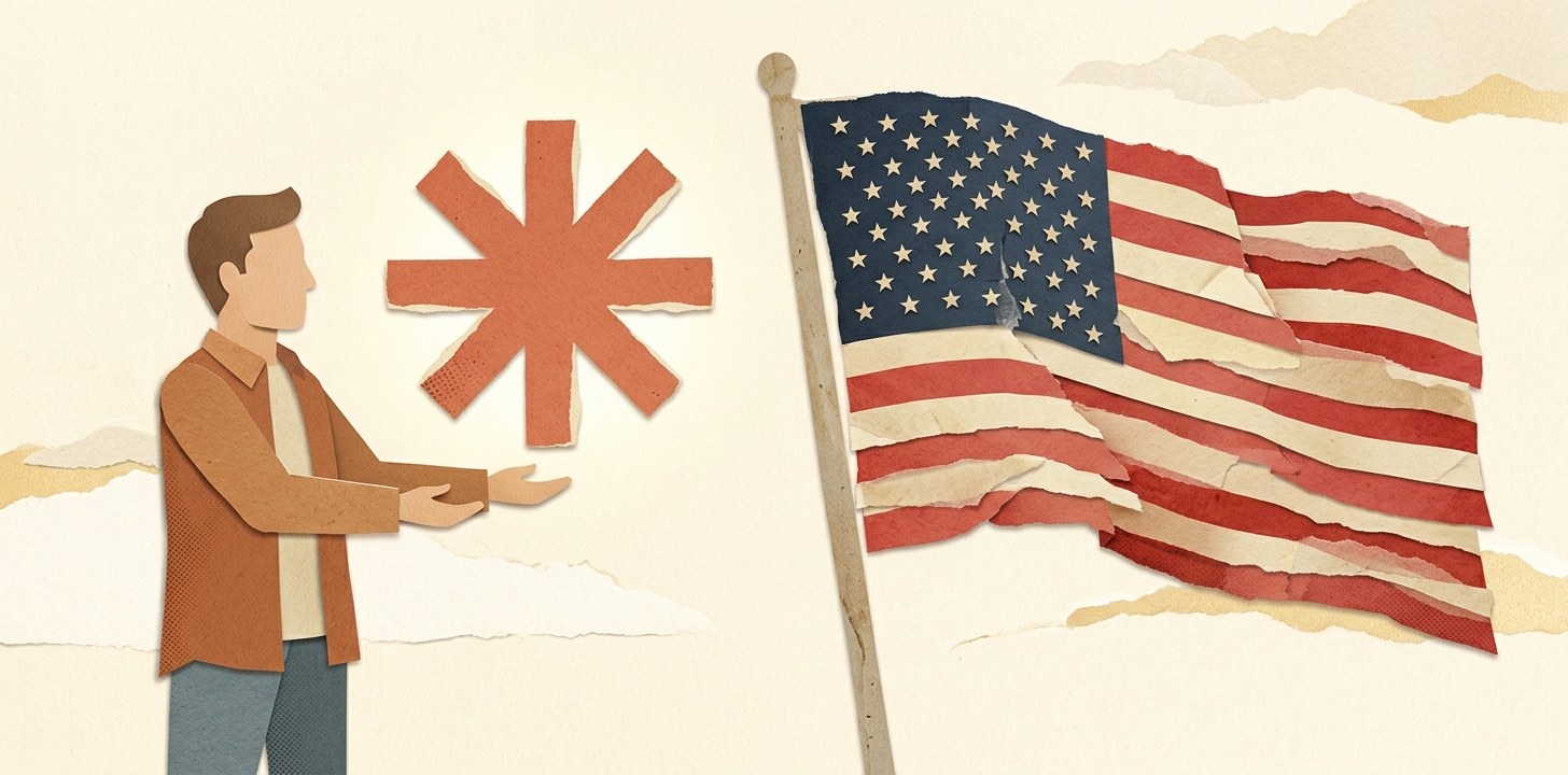 Bright cut-paper collage: an everyman presents a glowing terracotta Claude sunburst beside a torn-paper American flag
