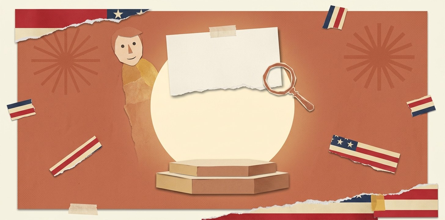 Cut-paper collage: an empty spotlight falls on a blank page while a magnifying glass finds nothing