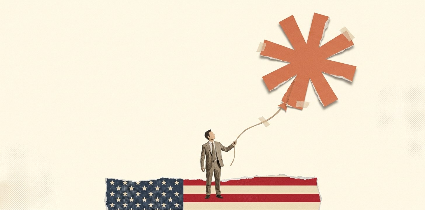 Cut-paper collage: a small business figure holds a string tied to a Claude sunburst drifting away like a balloon