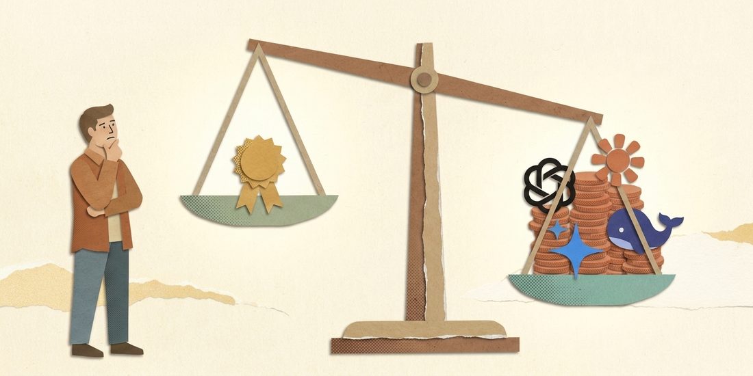 Cut-paper collage: a balance scale tipping away from a gold benchmark rosette toward a heavy stack of coins topped with AI sunbursts, as an everyman looks on