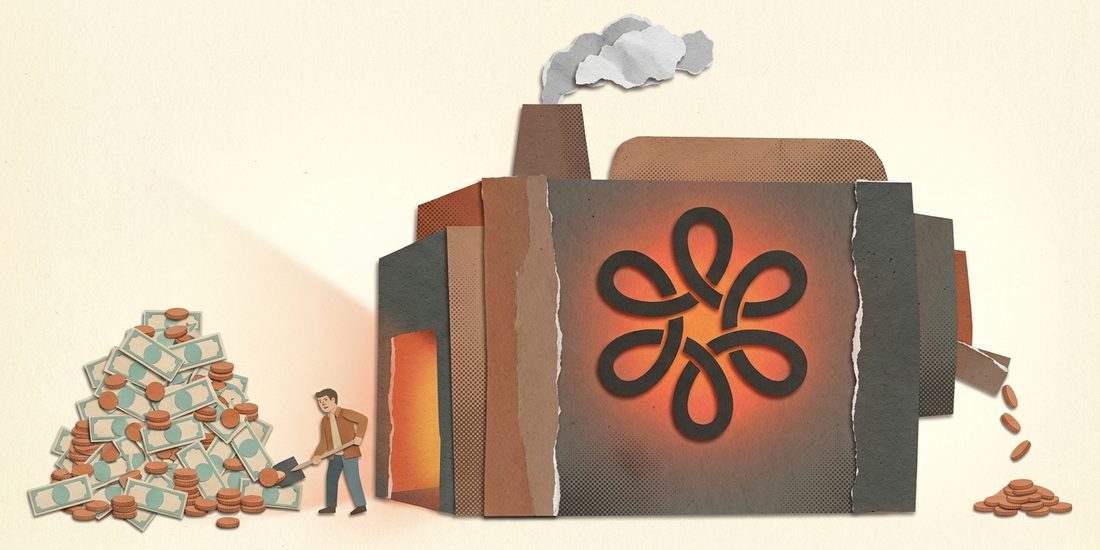 Cut-paper collage: a worker shovels a huge pile of banknotes into a furnace marked with an AI sunburst, while only a few coins trickle out the far side