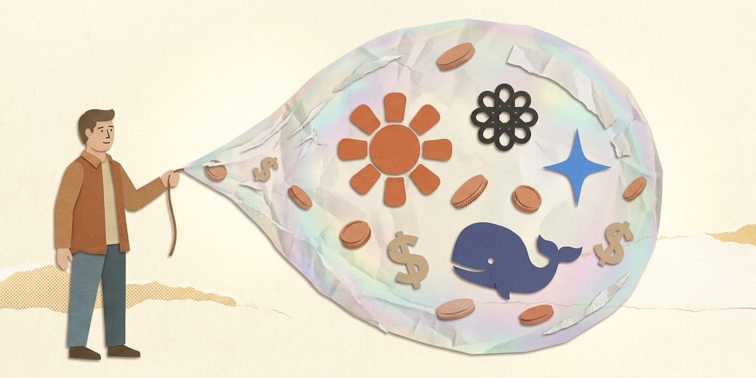 Cut-paper collage: a small figure holds the string of a giant fragile soap bubble filled with AI sunbursts, coins and dollar signs