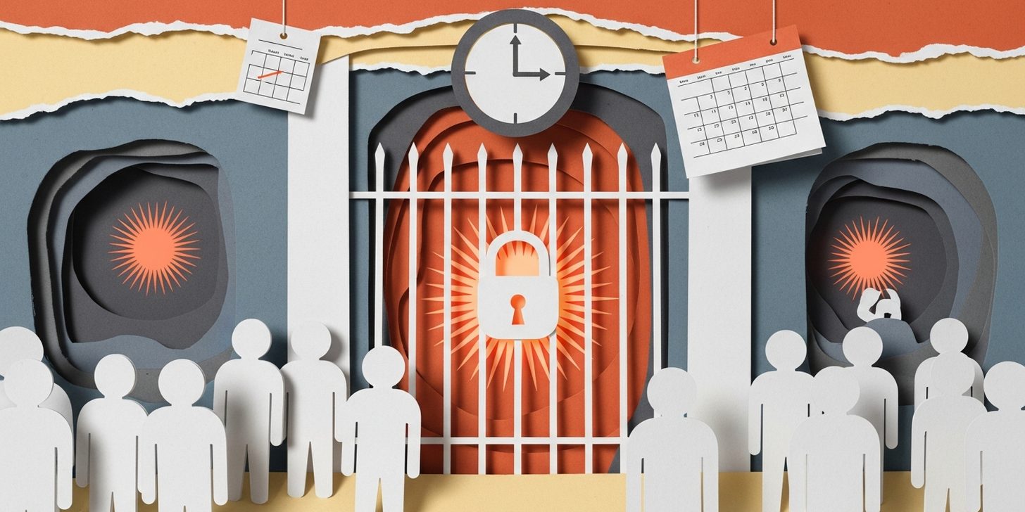 Cut-paper collage: a locked paper gate with a glowing terracotta Claude sunburst and a padlock sealed behind the bars, a crowd of paper everyman figures waiting outside, a clock and calendars overhead