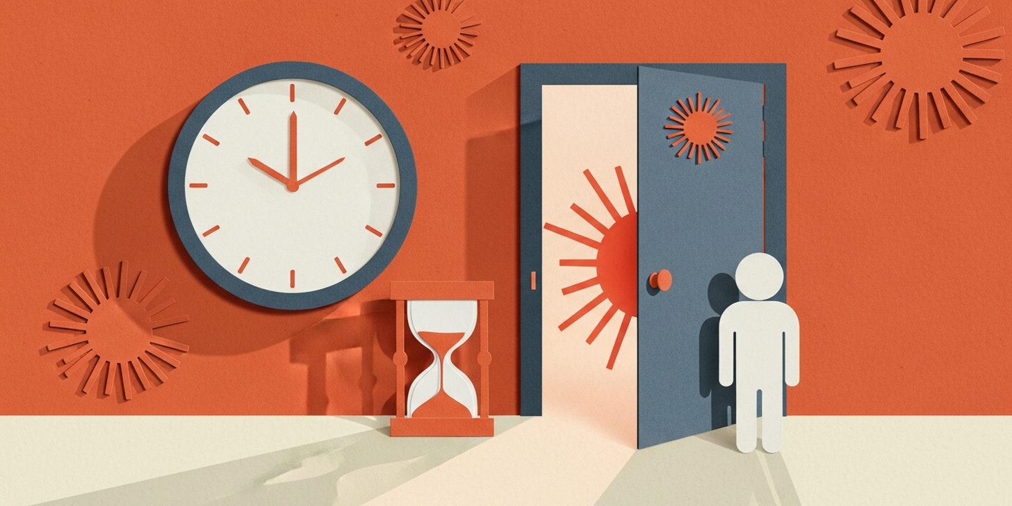 Cut-paper collage: a wall clock and an hourglass beside a half-open door with a terracotta Claude sunburst glowing through the gap, a lone everyman figure waiting