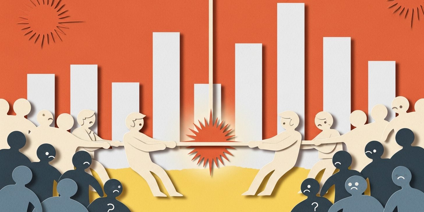 Cut-paper collage: two paper crowds in a tug-of-war over a glowing terracotta sunburst, abstract chart bars behind them, one side confident and the other doubtful