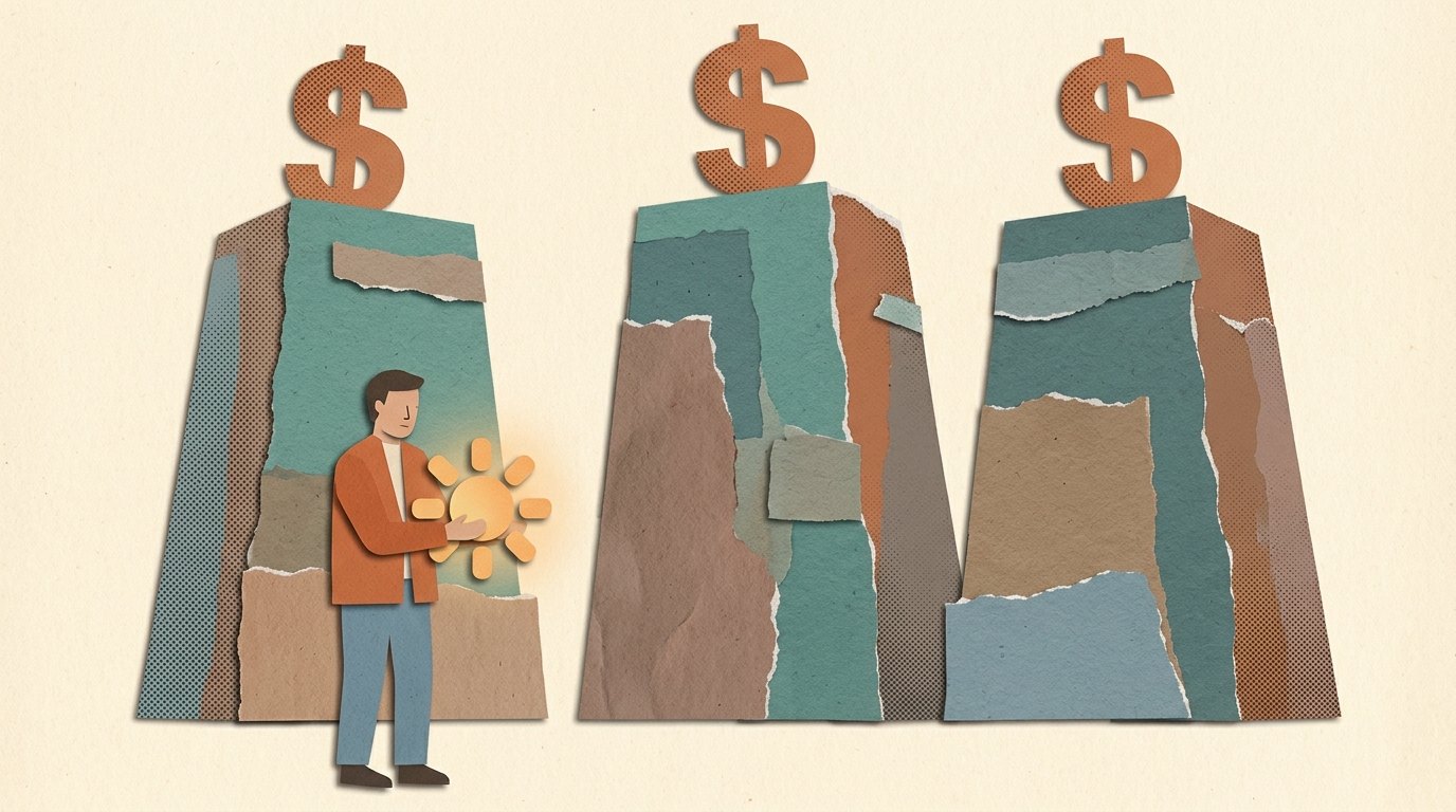 Bright cut-paper collage: a small everyman cradling a glowing terracotta AI sunburst, dwarfed beneath three towering data-centre monoliths each topped with a dollar sign
