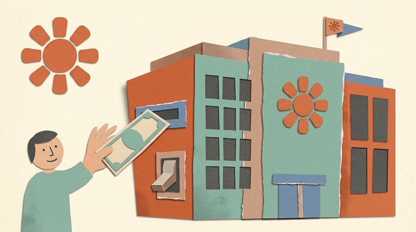 Cut-paper collage: a small figure posts a money envelope into a large building carrying the AI sunburst and a rival's pennant flag