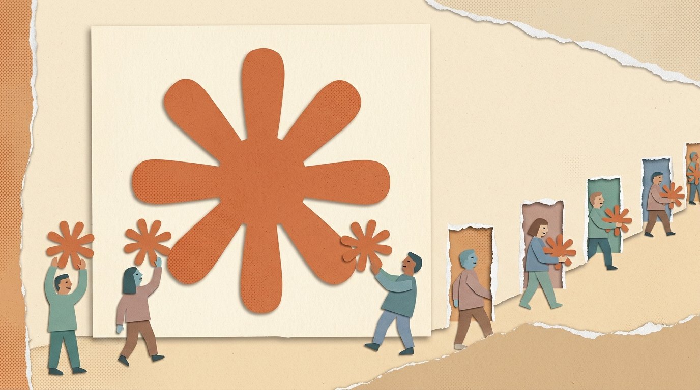 Cut-paper collage: a large AI sunburst while a line of small figures carry copies of it away through doorways to the east