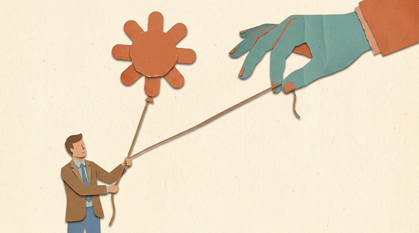 Cut-paper collage: a small figure holds the string of an AI-sunburst balloon, but a much larger hand from above grips the same string