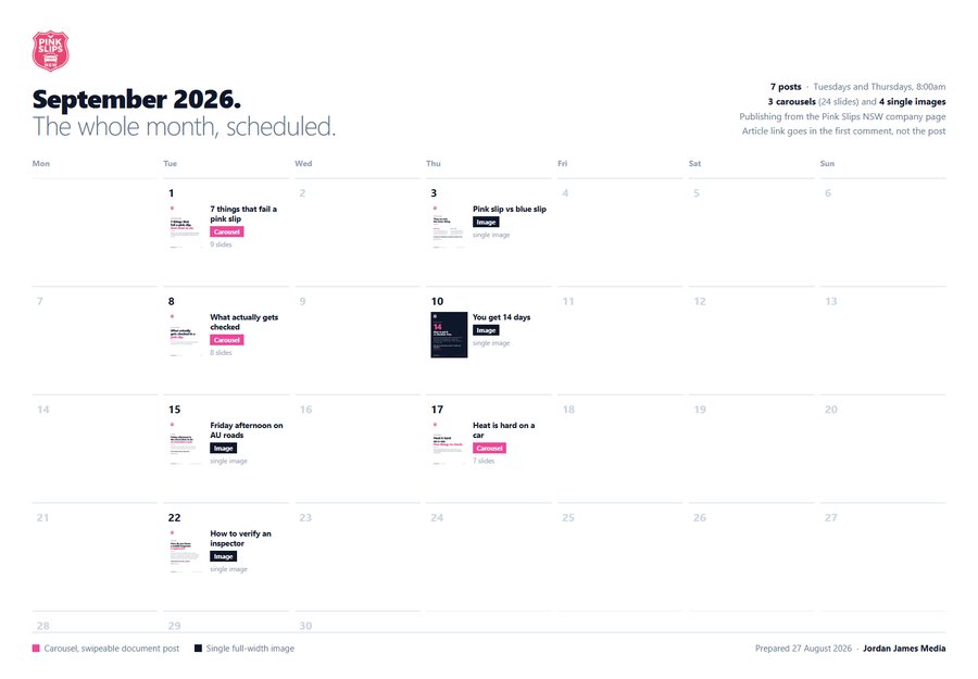 September 2026 posting schedule for Pink Slips NSW, showing seven posts across the month with format and thumbnail for each