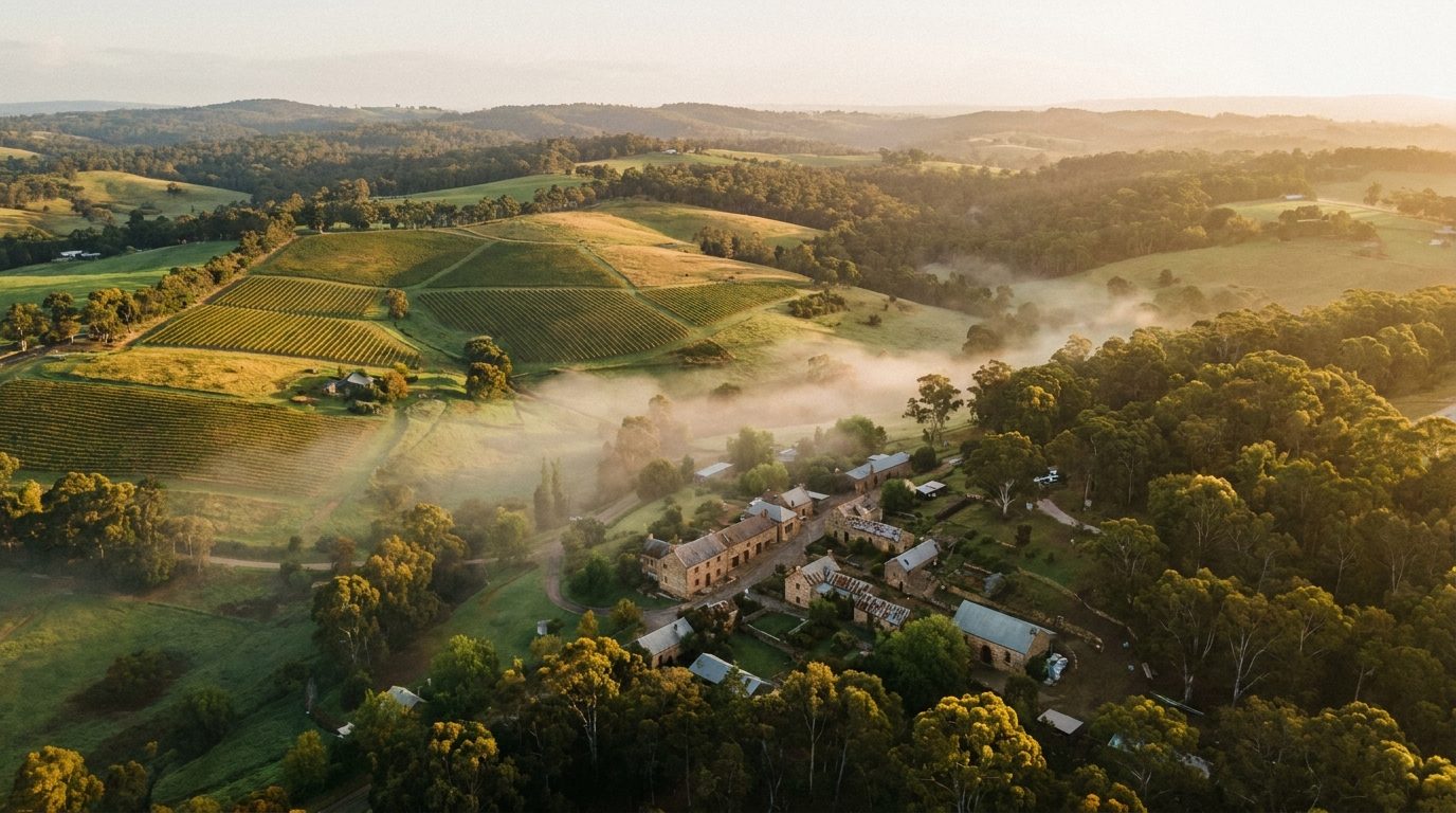 Aerial of Adelaide Hills, SA, at golden hour — Mount Barker's home market