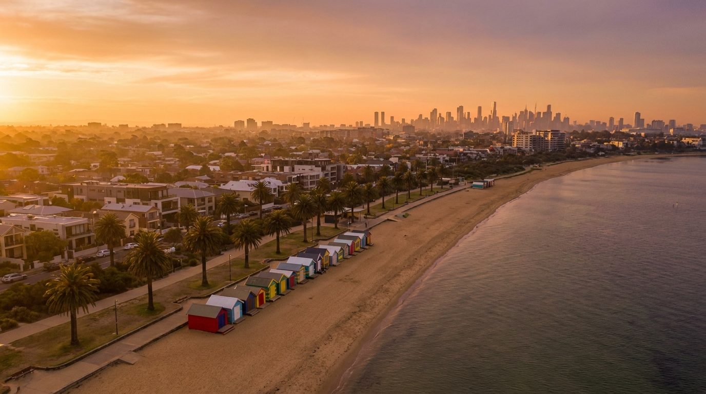 Aerial of Bayside, VIC, at golden hour — Sandringham's home market