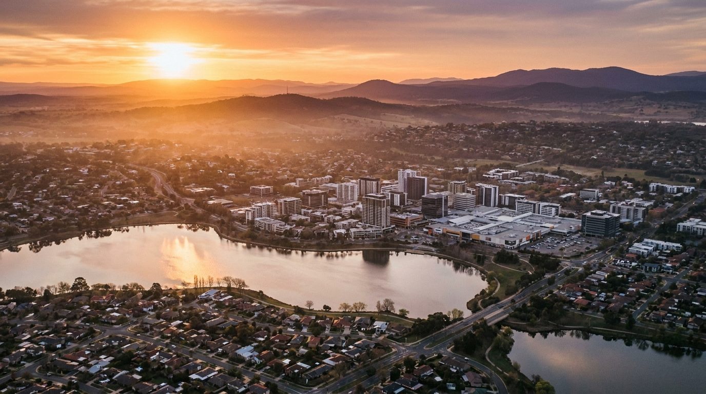 Aerial of Belconnen, ACT, at golden hour — Bruce's home market