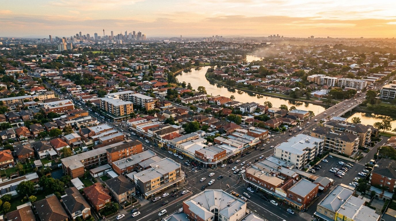 Aerial of Canterbury-Bankstown, NSW, at golden hour — Belmore's home market