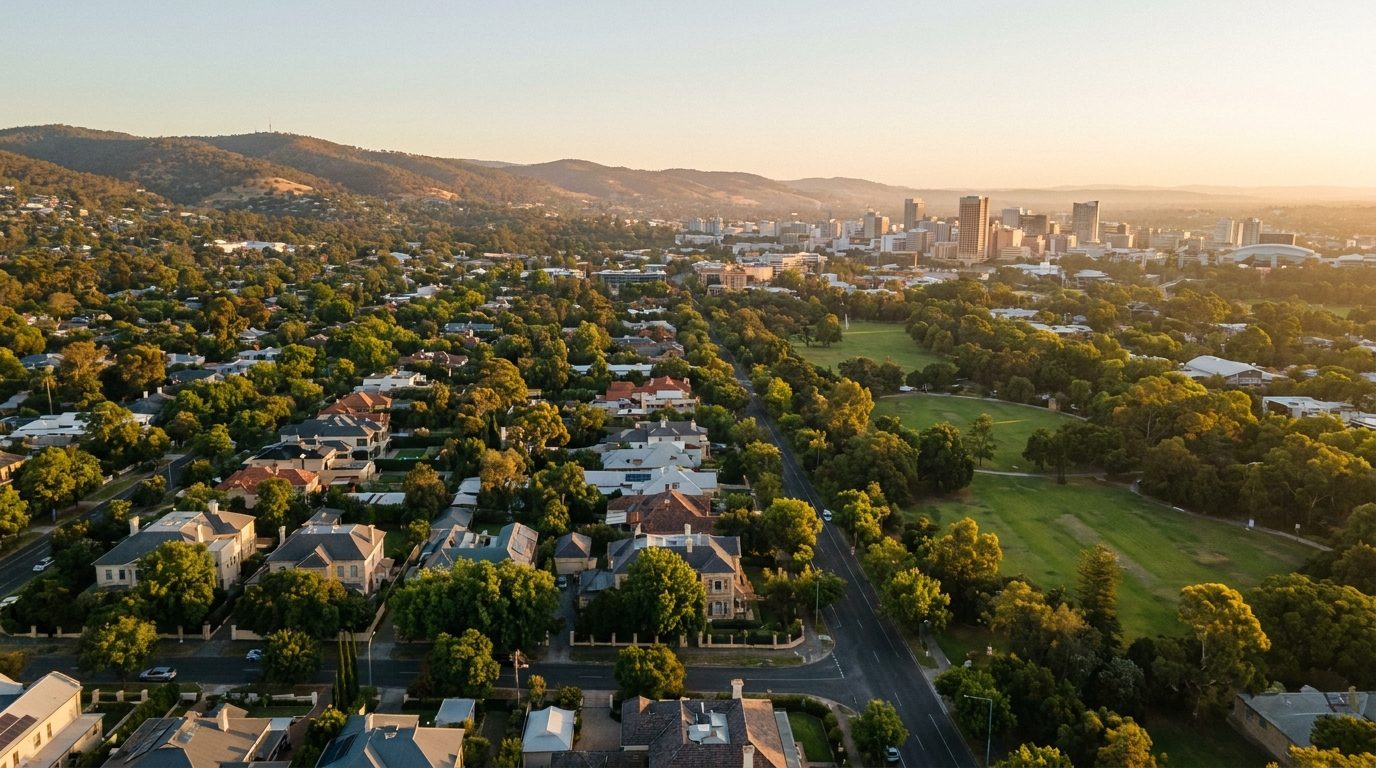 Aerial of Eastern Adelaide, SA, at golden hour — Magill's home market