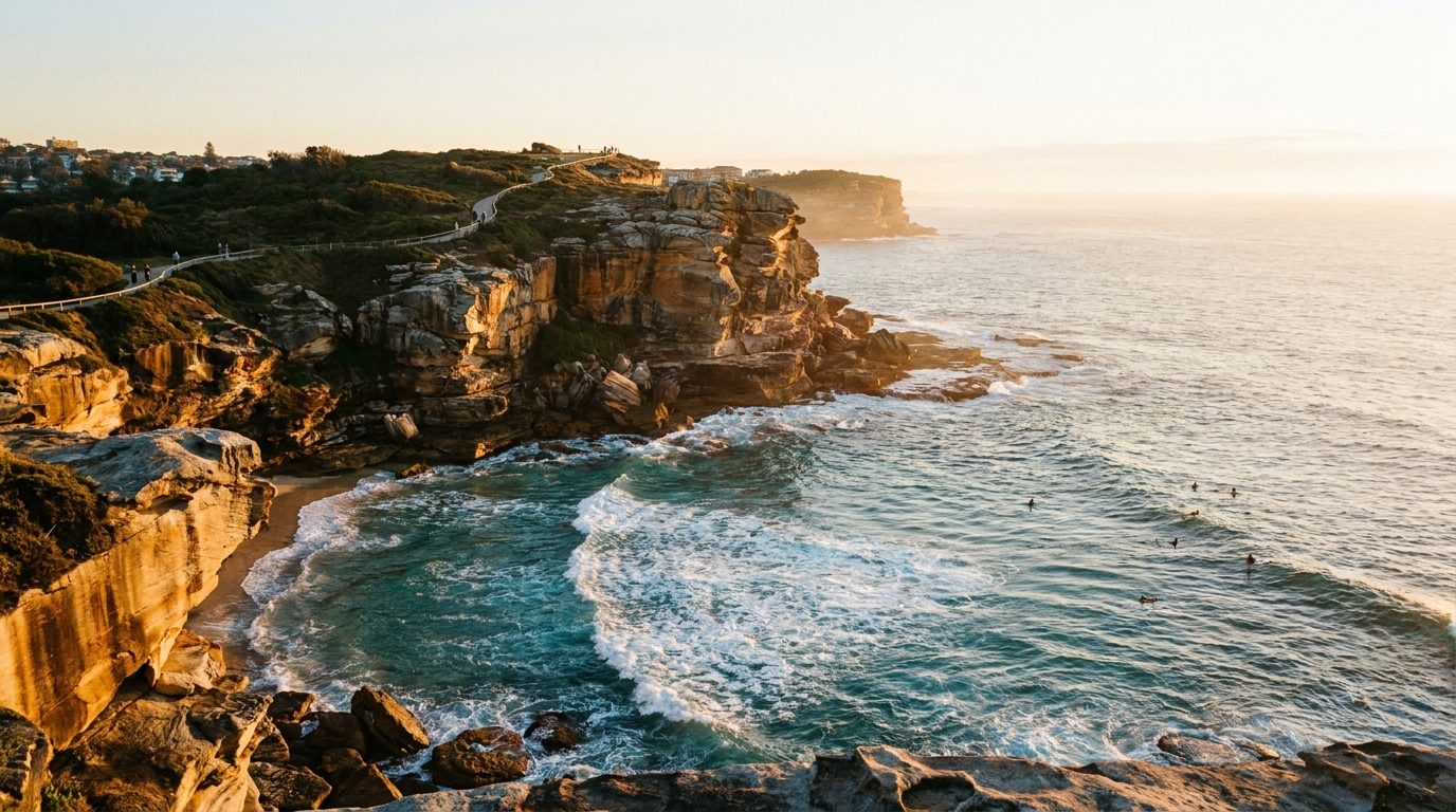Aerial of Eastern Suburbs, NSW, at golden hour — Bronte's home market