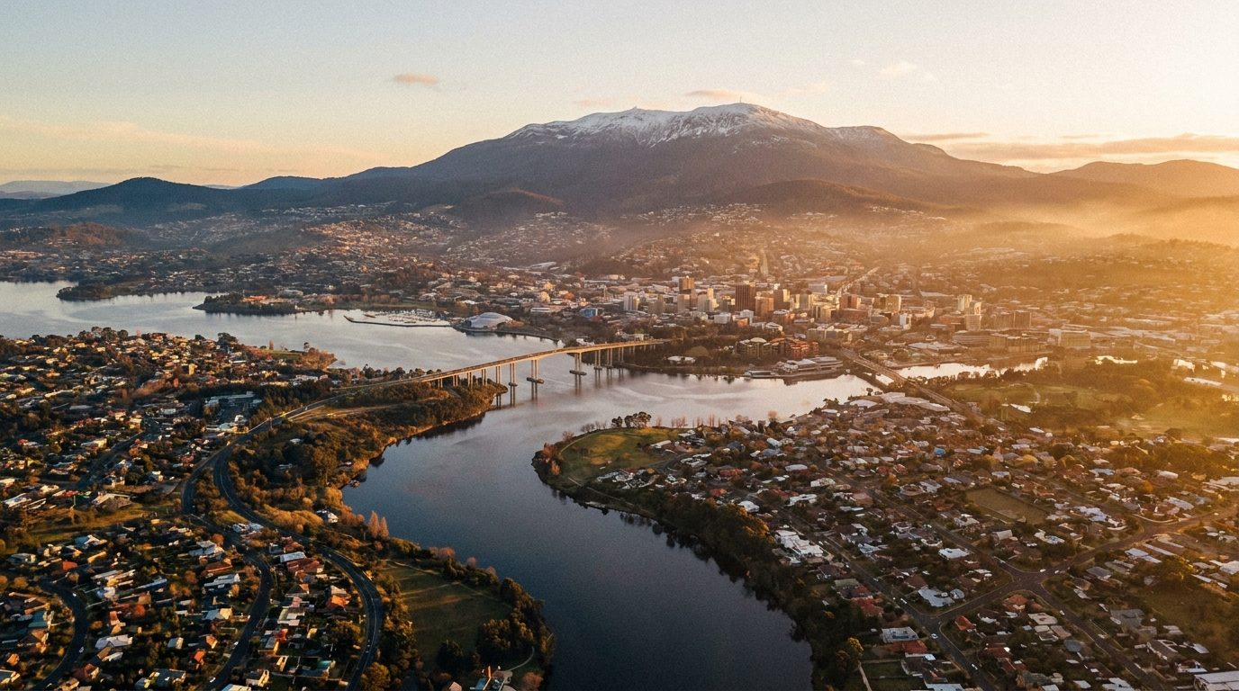 Aerial of Greater Hobart, TAS, at golden hour — Kingston's home market