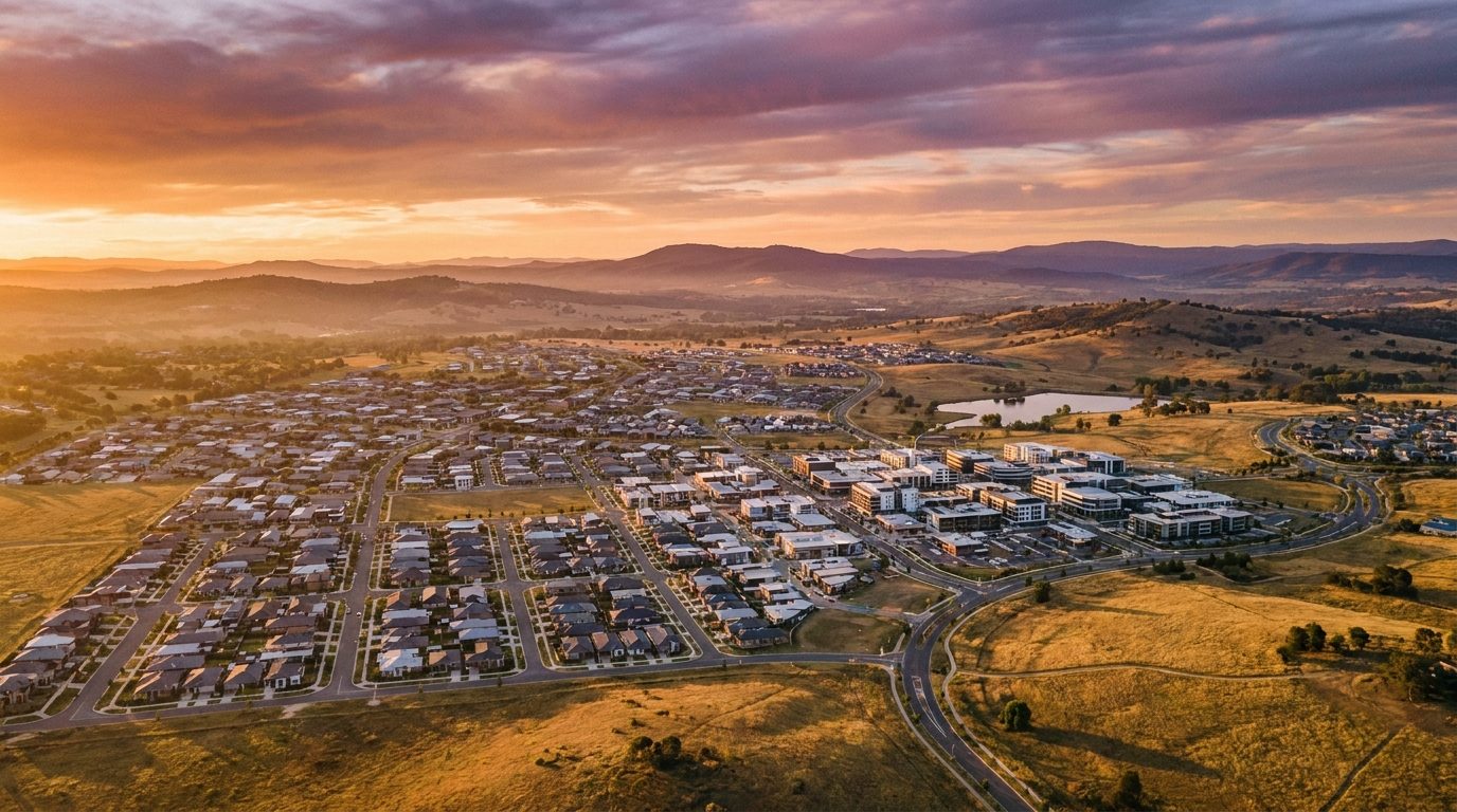 Aerial of Gungahlin, ACT, at golden hour — Ngunnawal's home market