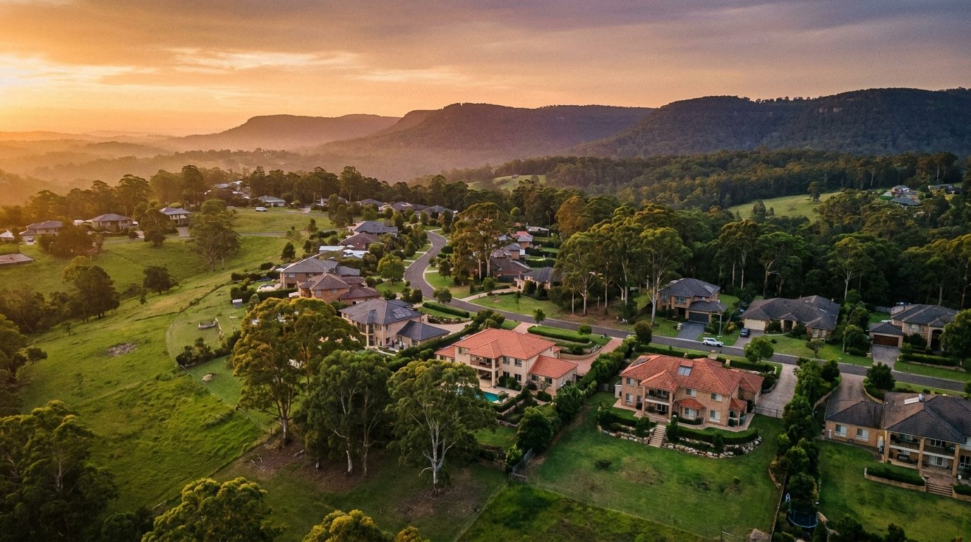 Aerial of Hills District, NSW, at golden hour — Dural's home market