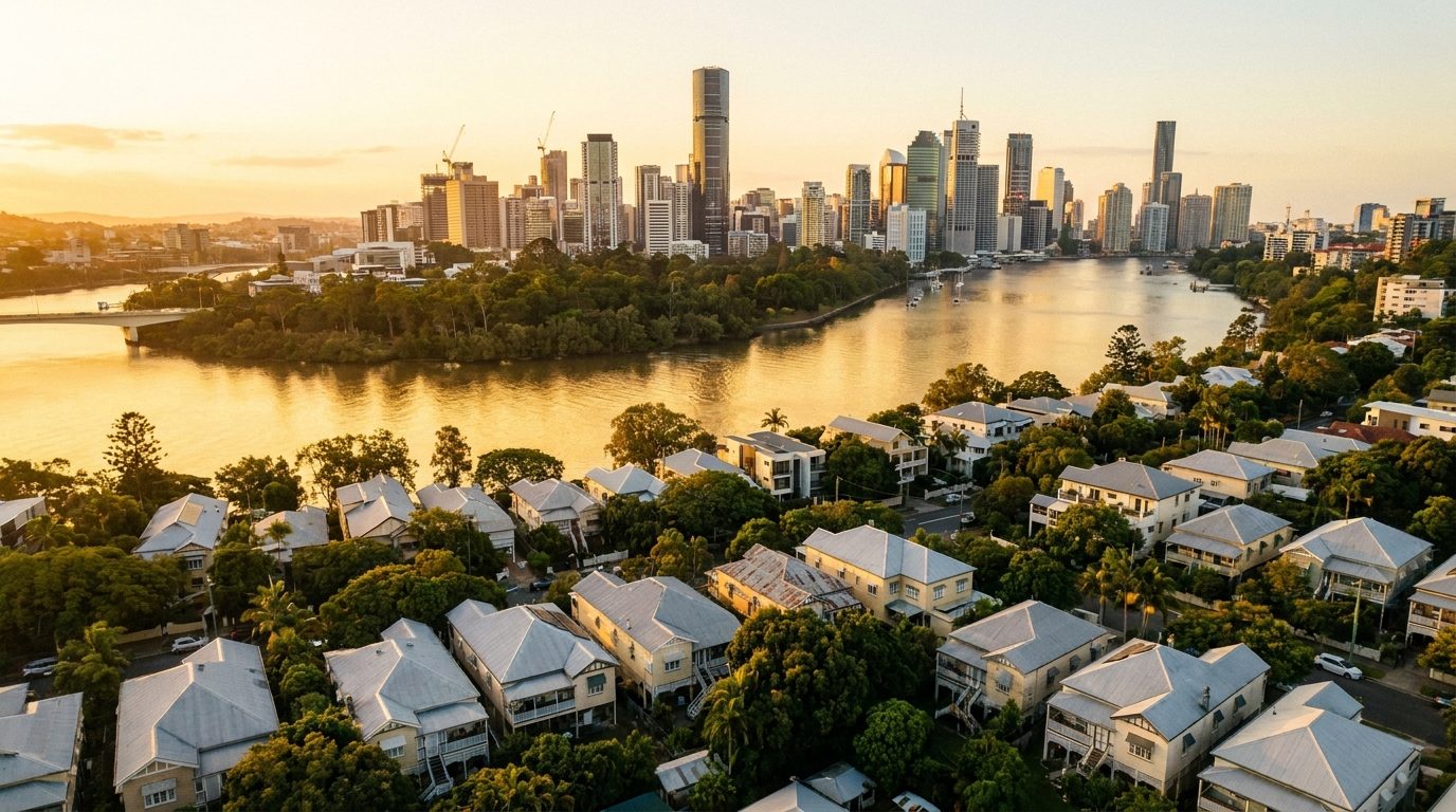 Aerial of Inner Brisbane, QLD, at golden hour — Milton's home market