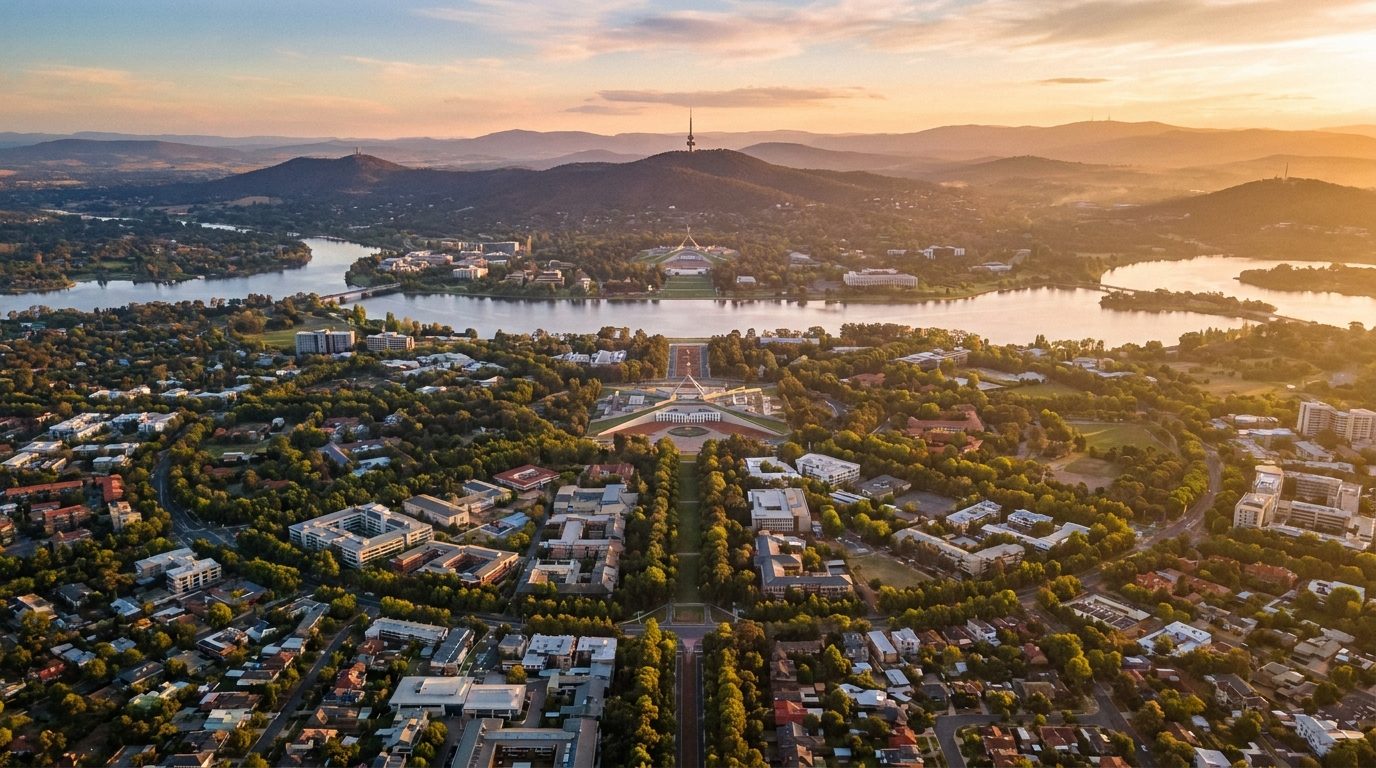 Aerial of Inner Canberra, ACT, at golden hour — Braddon's home market