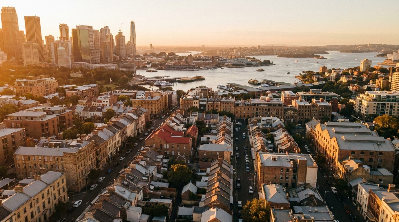 Aerial of Inner City, NSW, at golden hour — Waterloo's home market