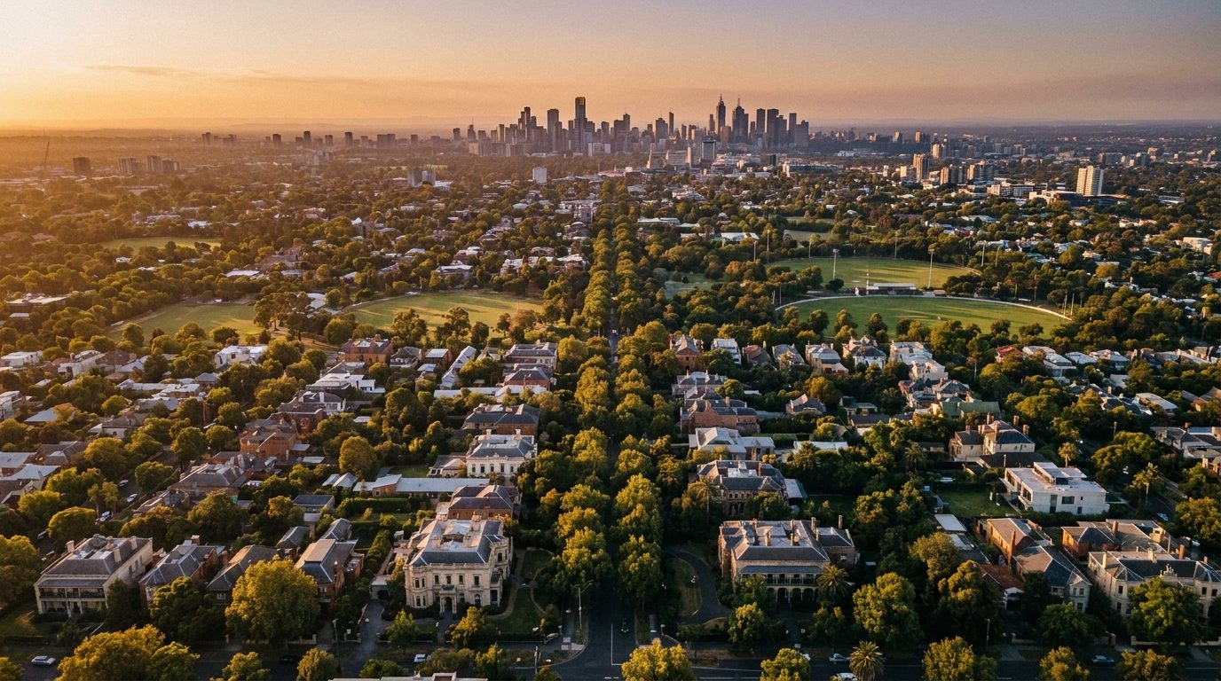 Aerial of Inner East, VIC, at golden hour — Malvern's home market