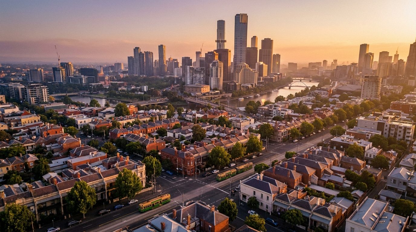 Aerial of Inner Melbourne, VIC, at golden hour — Fitzroy's home market