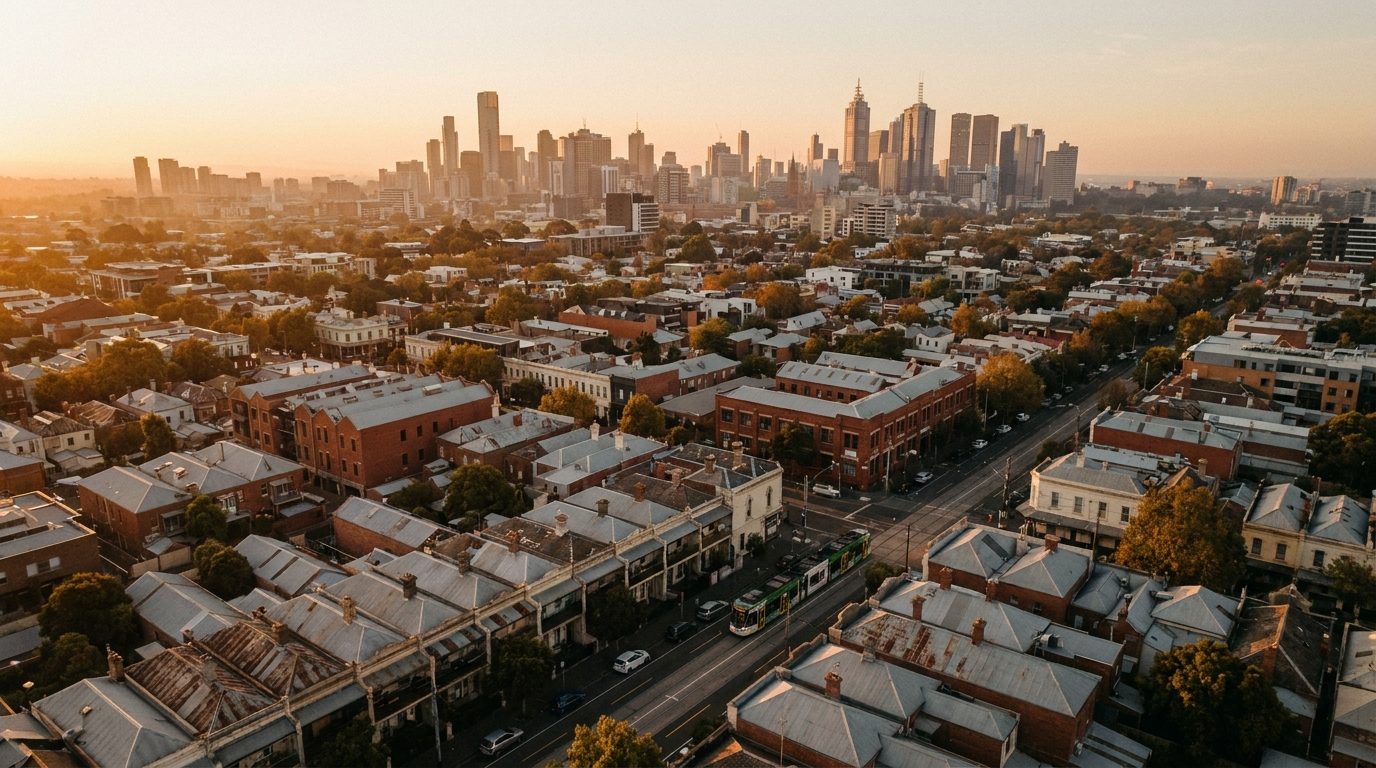 Aerial of Inner North, VIC, at golden hour — Brunswick's home market
