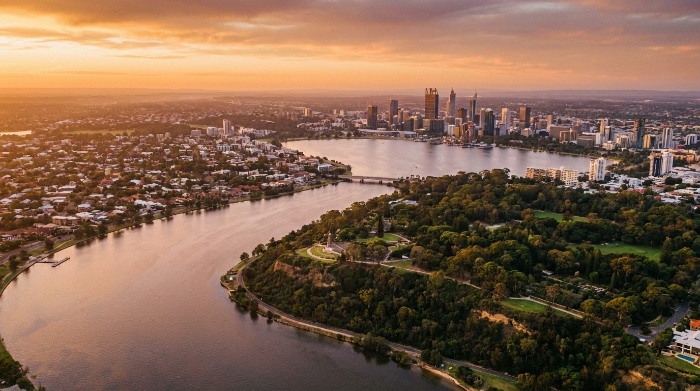 Aerial of Inner Perth, WA, at golden hour — Subiaco's home market