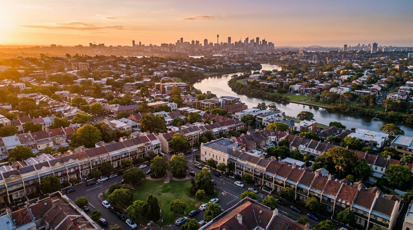 Aerial of Inner West, NSW, at golden hour — Five Dock's home market