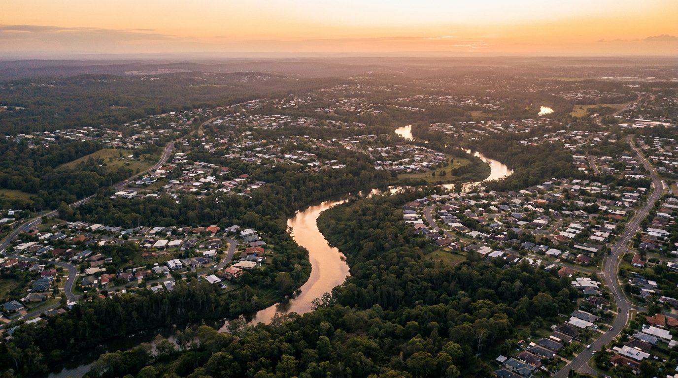 Aerial of Logan City, QLD, at golden hour — Beenleigh's home market