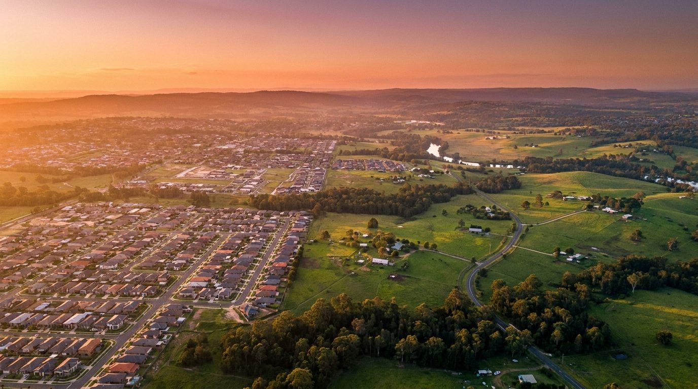 Aerial of Macarthur, NSW, at golden hour — Spring Farm's home market