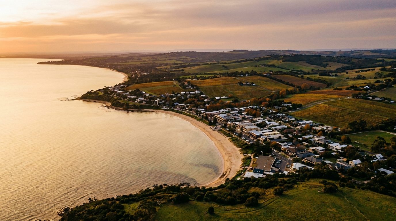 Aerial of Mornington Peninsula, VIC, at golden hour — Rosebud's home market